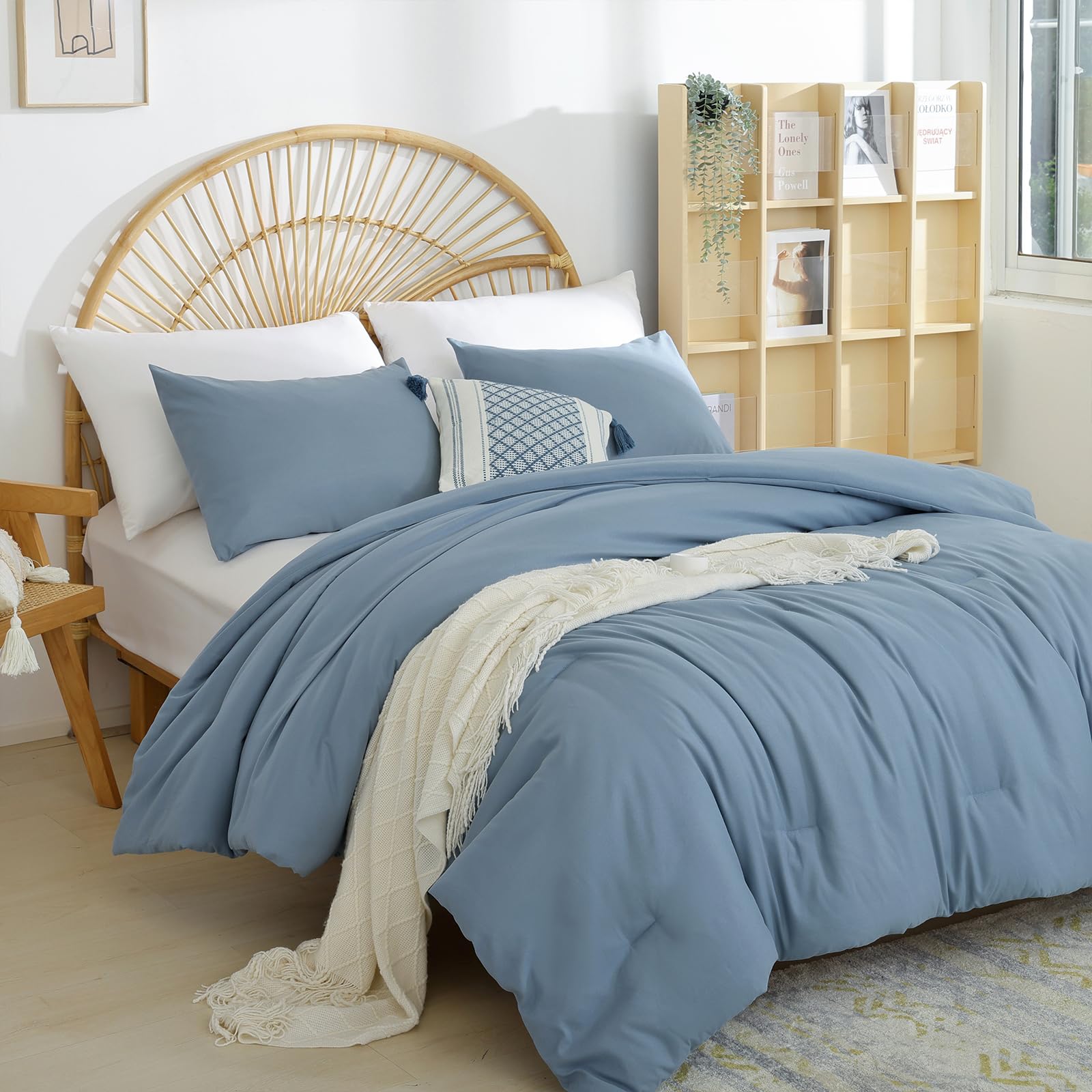 Weigelia Dusty Blue Comforter Queen Size 3Pcs Bed Comforter With 2 Pillowcases - Ligtweight Soft Solid Blue All Season Queen Com